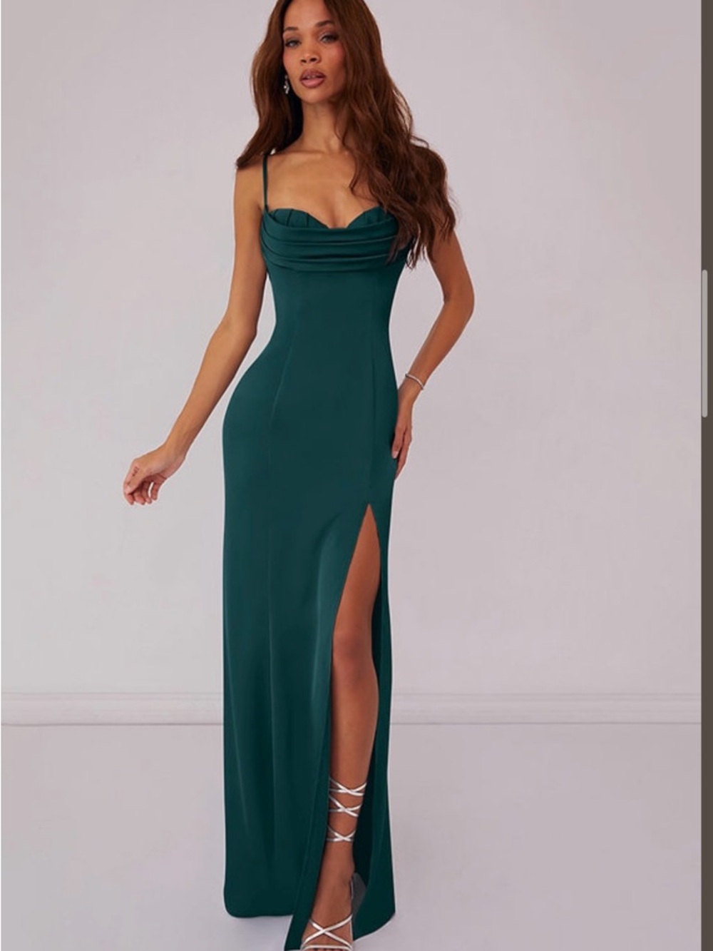 Azazie Emerald Green Cowl Neck Spaghetti Strap Gown